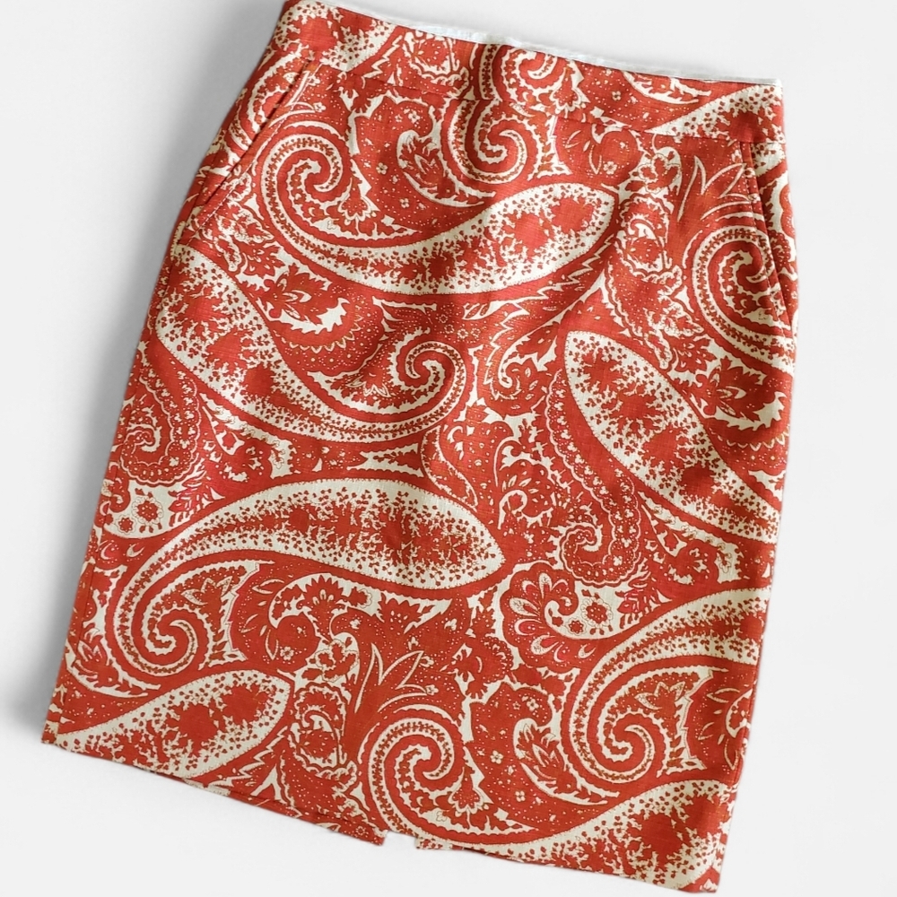 J. Crew Red and Cream Paisley Pencil Skirt